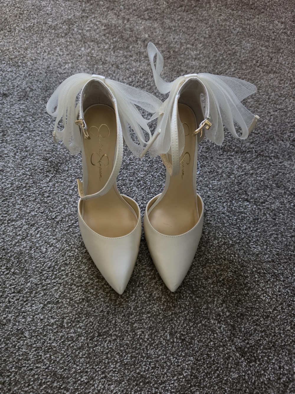 Jessica Simpson Ivory Pointed-Toe Ankle-Strap Heels with Tulle Ruffle
